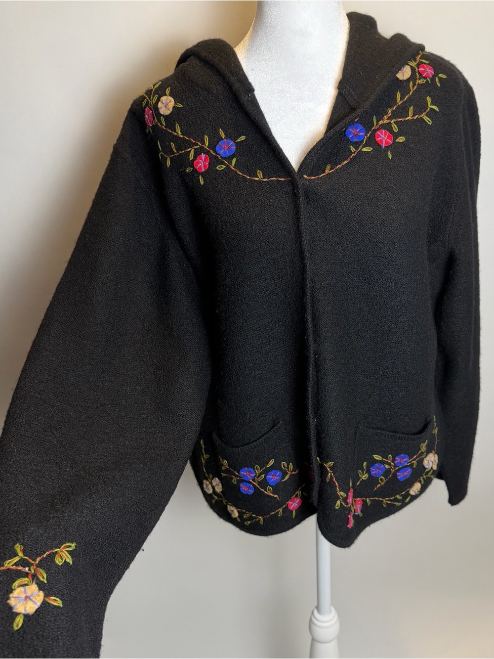 Vintage Pierre Cardin Black Hooded Cardigan with Floral Embroidery- Wool Blend